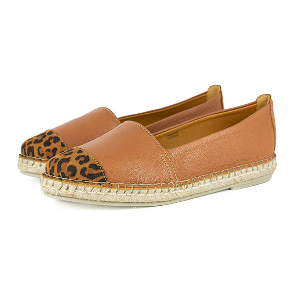 Consisela : Ladies Leather Espadrille Shoe in Oak Cayak & Spotted Lisoto