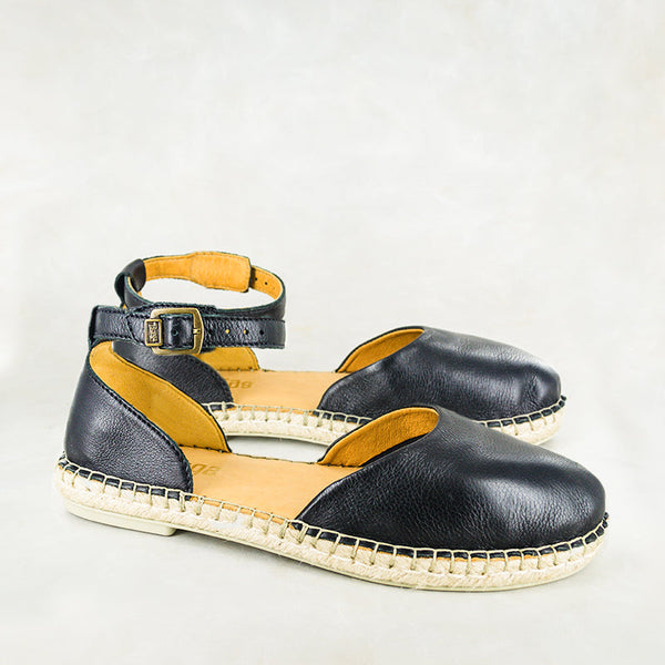 Online Exclusive Outlet Badinga : Ladies Leather Espadrille Shoe in Black Vintage