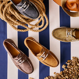 Exwaya : Mens Leather Boat Shoe in Marine Nubuck