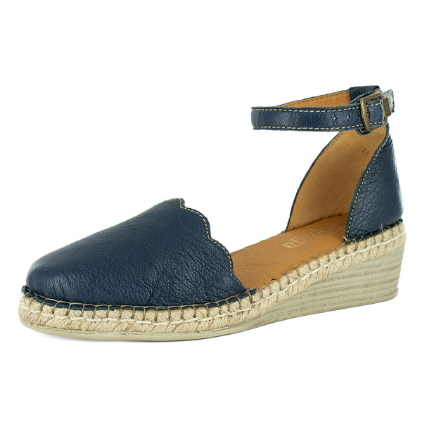 Inkantolo : Ladies Leather Wedge Espadrille in Denim Cayak