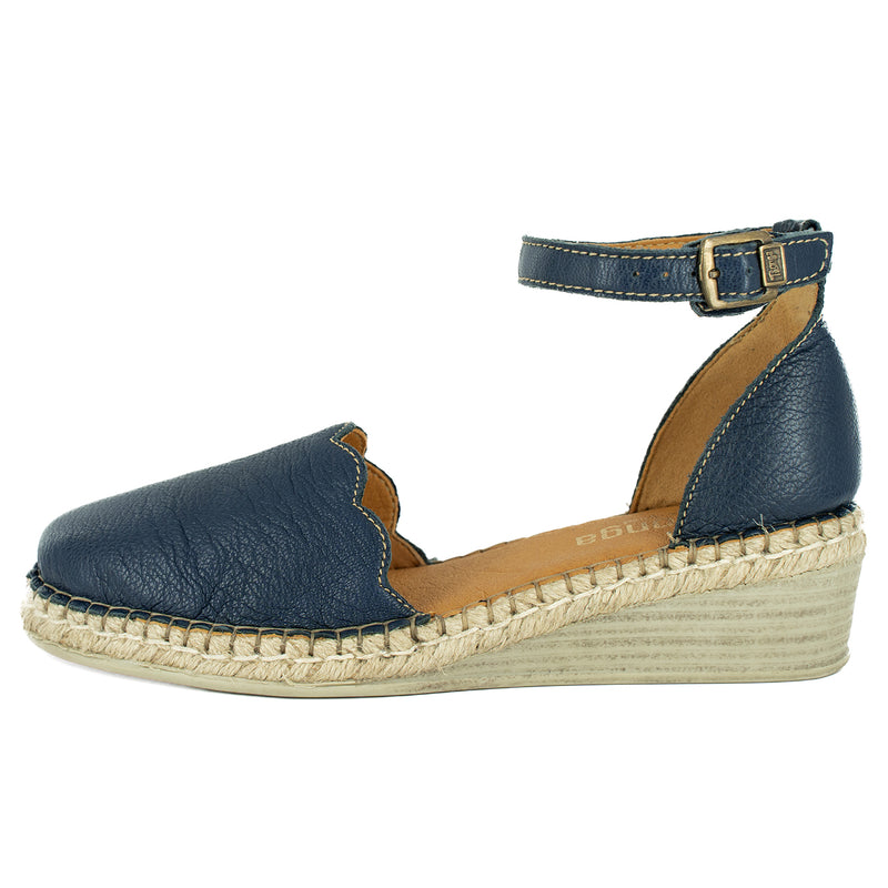 Inkantolo : Ladies Leather Wedge Espadrille in Denim Cayak