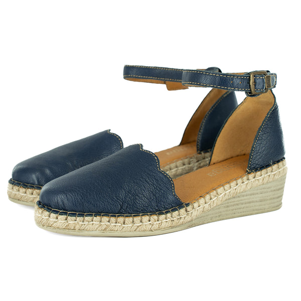 Inkantolo : Ladies Leather Wedge Espadrille in Denim Cayak
