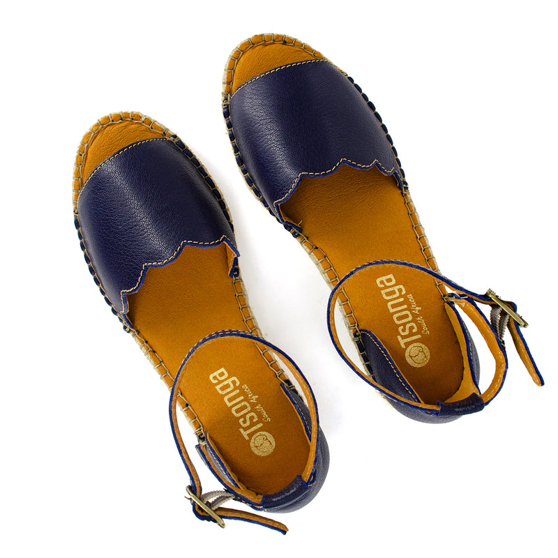 Pulika : Ladies Leather Wedge Espadrille in Marine Cayak