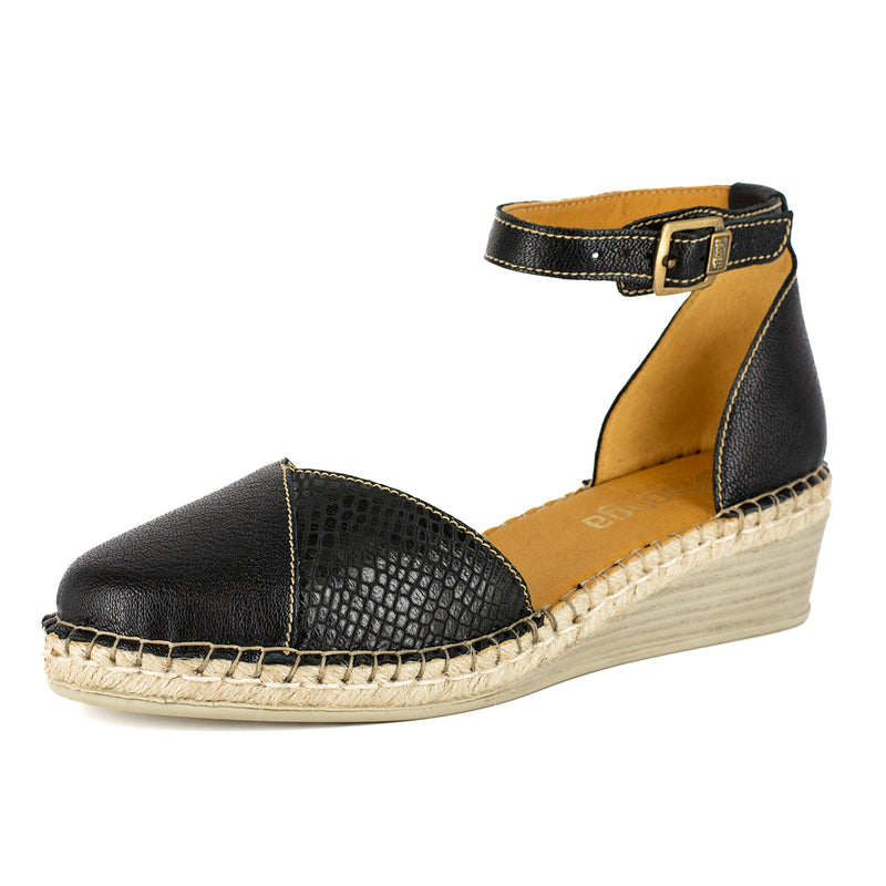 Mirembe : Ladies Leather Wedge Espadrille in Black Cayak & Black Coco Lux