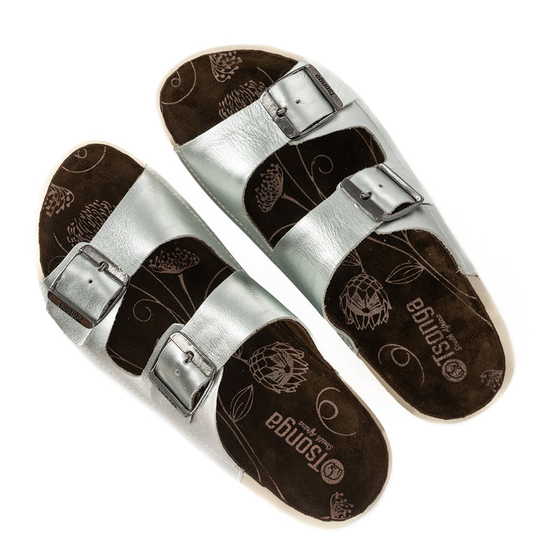 Masego : Ladies Leather Sandal in Silver Prime