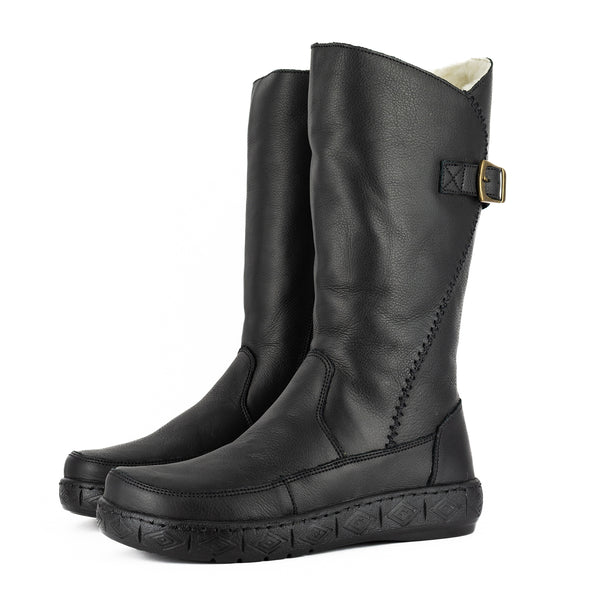 Maluju : Ladies 100% Wool-Lined Leather Mid-Calf Boot in Black Natan