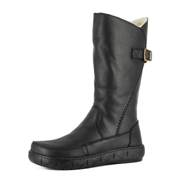 Maluju : Ladies 100% Wool-Lined Leather Mid-Calf Boot in Black Natan