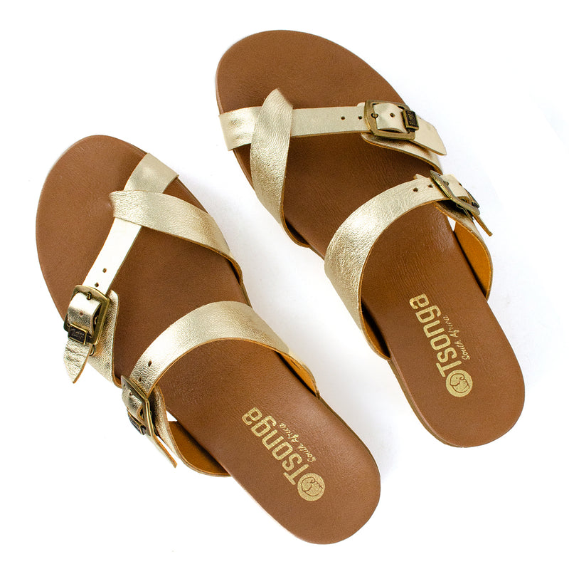 Ashmun : Ladies Leather Sandal in Gold Cow Foil