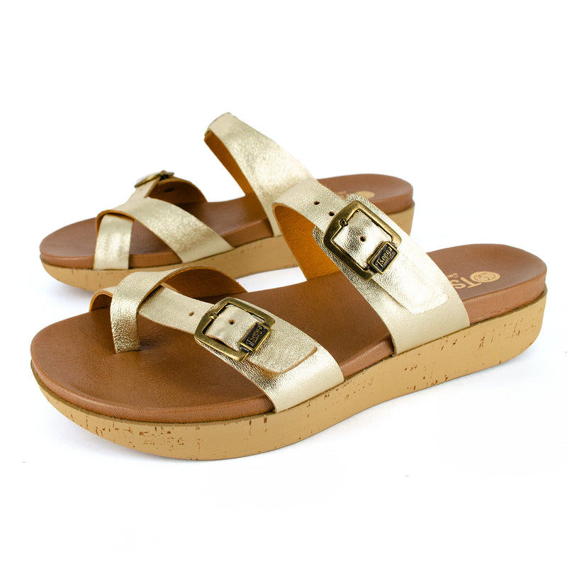 Ashmun : Ladies Leather Sandal in Gold Cow Foil