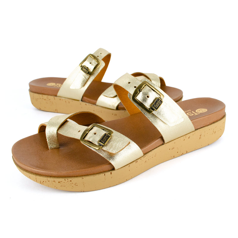 Ashmun : Ladies Leather Sandal in Gold Cow Foil