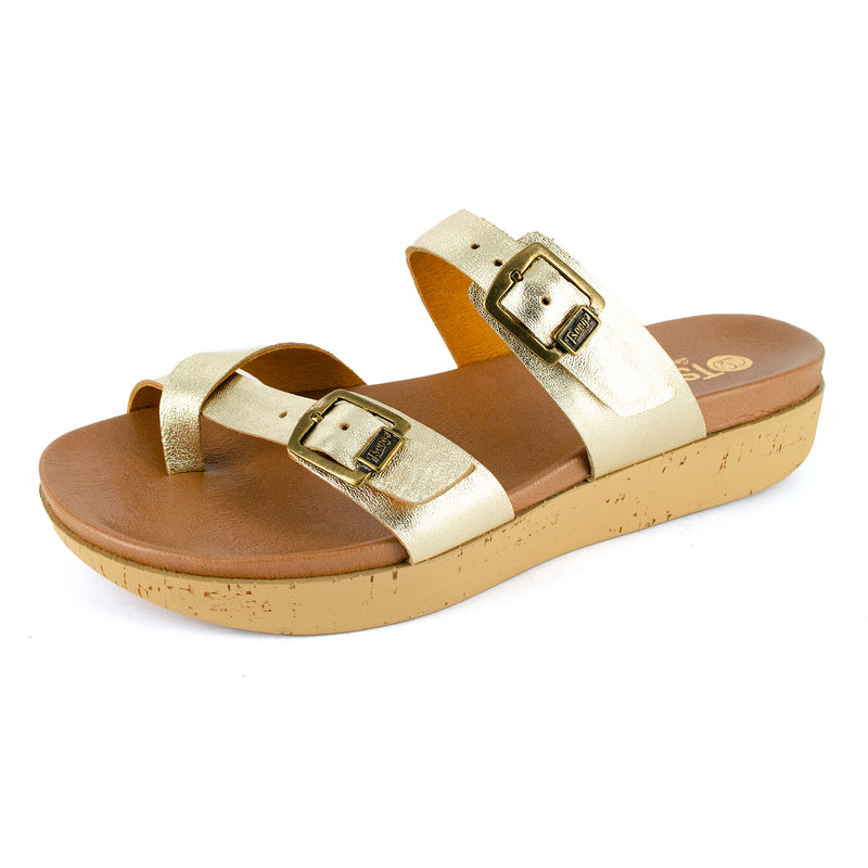 Ashmun : Ladies Leather Sandal in Gold Cow Foil