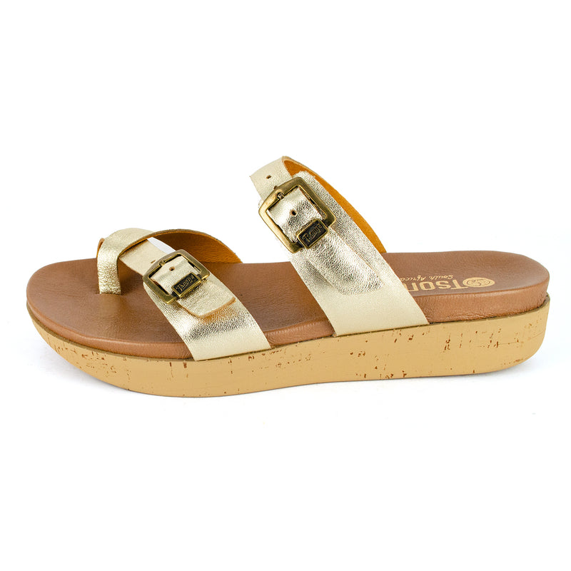 Ashmun : Ladies Leather Sandal in Gold Cow Foil