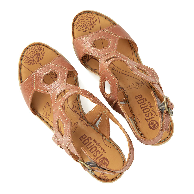 Amondi : Ladies High-Heeled Leather Sandal in Oak Cayak