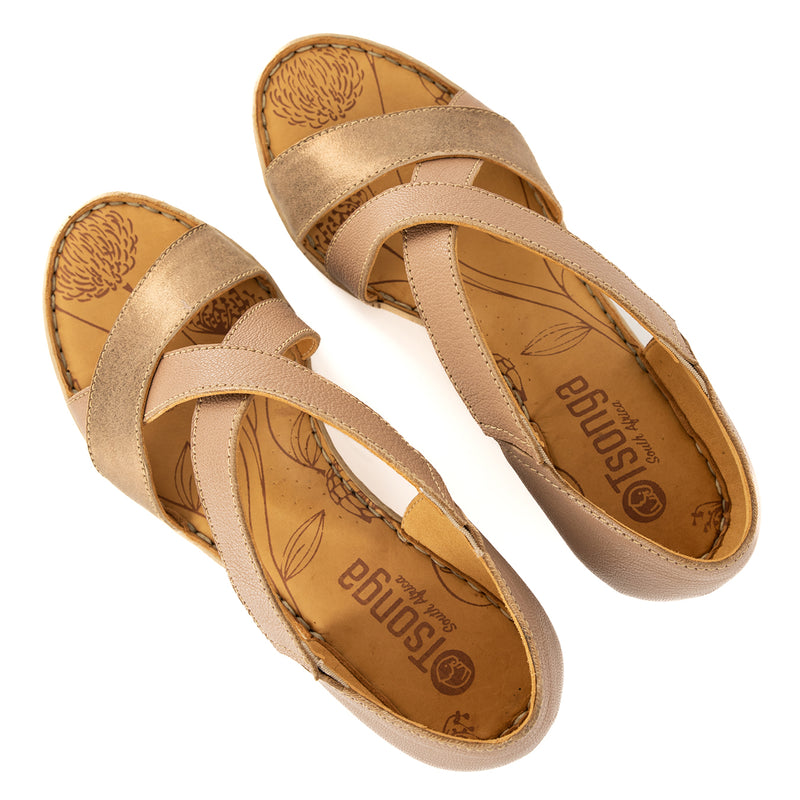 Ekundayo : Ladies High-Heeled Leather Sandal in Timber Cayak & Beige Spirit