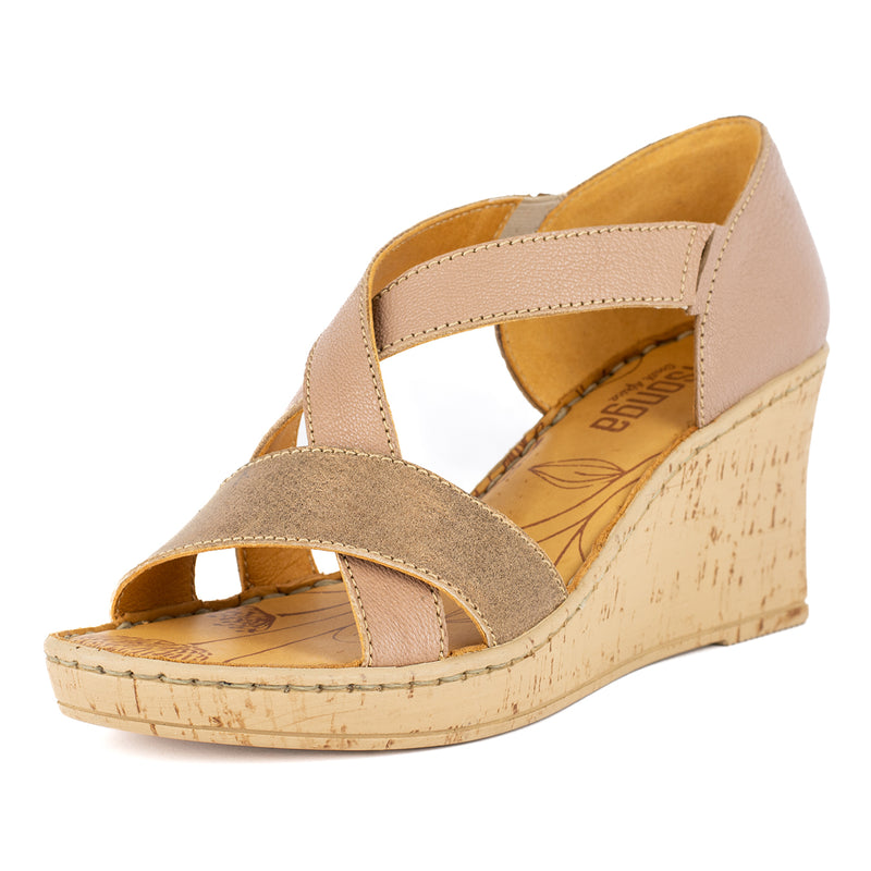 Ekundayo : Ladies High-Heeled Leather Sandal in Timber Cayak & Beige Spirit