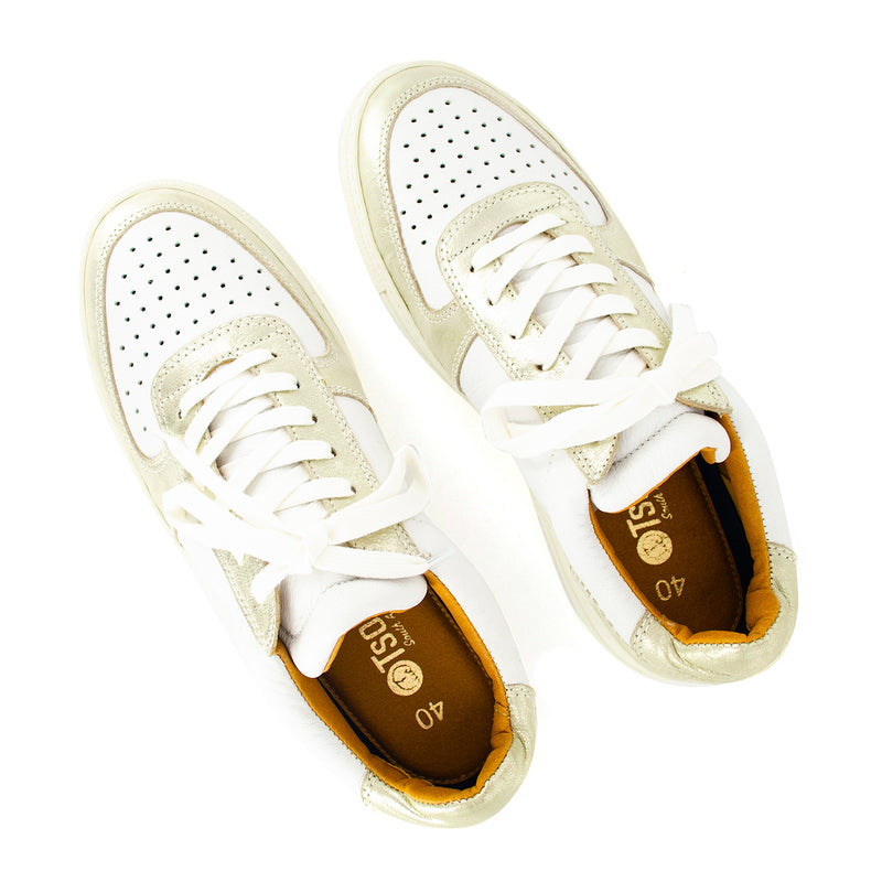 Conakry : Ladies Leather Sneaker in White Cayak & Bark Domus