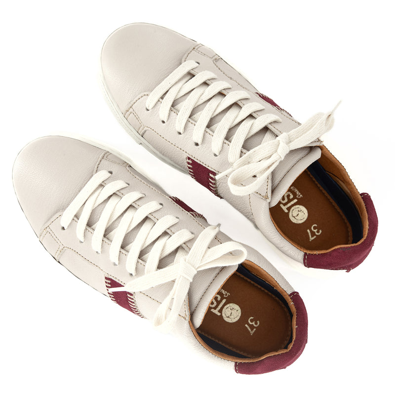 Tripoli : Ladies Leather Sneaker in Cream Cayak Burgandy Velutto