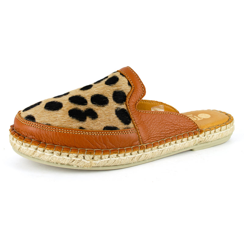 Halamuza : Ladies Leather Espadrille Mule in Oak Natan & Spotted Print