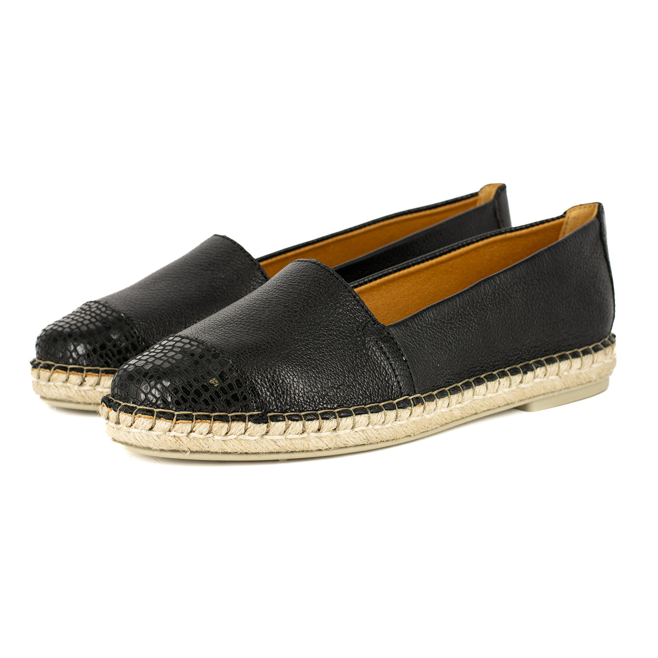 Consisela : Ladies Leather Espadrille Shoe in Black Cayak & Black Coco ...