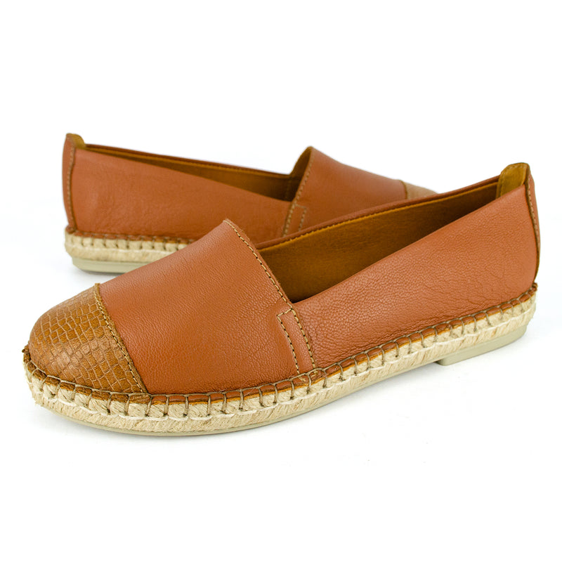 Consisela : Ladies Leather Espadrille Shoe in Oak Nappa & Walnut Coco Lux