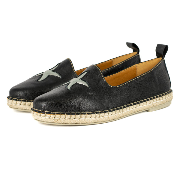 Abimbola : Ladies Leather Espadrille Shoe in Black Cayak & Tallio Metallic
