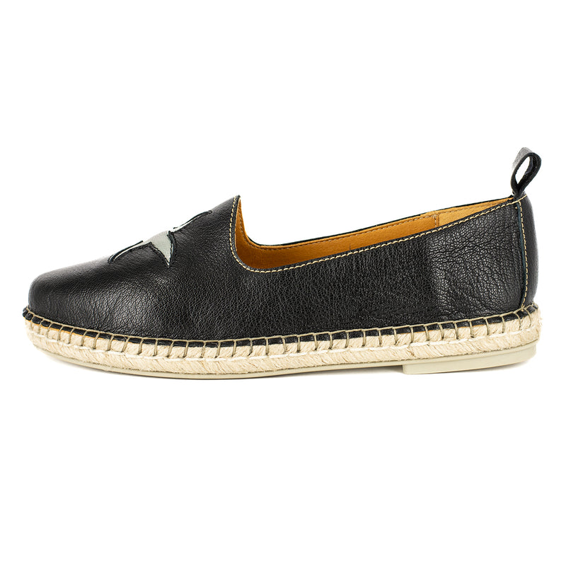 Abimbola : Ladies Leather Espadrille Shoe in Black Cayak & Tallio Metallic