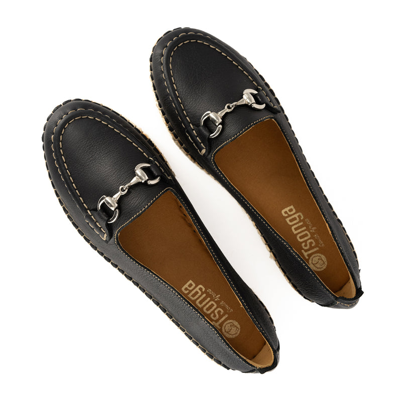 Kataleya : Ladies Leather Espadrille Moccasin Shoe in Black Natan