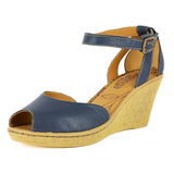 Wanyaza : Ladies Leather High-Heel Wedge Sandal in Denim Cayak