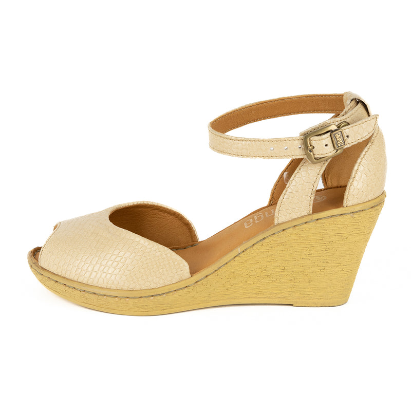 Wanyaza : Ladies Leather High-Heel Wedge Sandal in Aria Bosforo