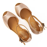 Wanyaza : Ladies Leather High-Heel Wedge Sandal in Gold Metallic