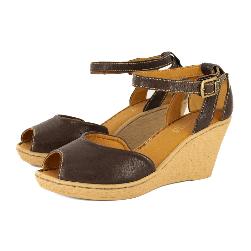 Wanyaza : Ladies Leather High-Heel Wedge Sandal in Coffee Ontario