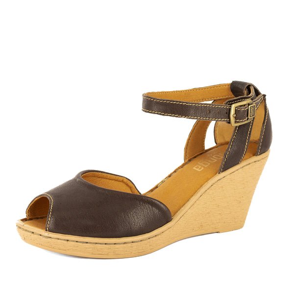 Wanyaza : Ladies Leather High-Heel Wedge Sandal in Coffee Ontario