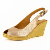 Zangemuva : Ladies Leather Peep-Toe High-Heel Wedge Sandal in Gold Metallic