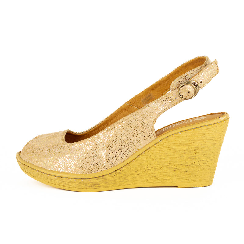 Zangemuva : Ladies Leather Peep-Toe High-Heel Wedge Sandal in Glitter Gold