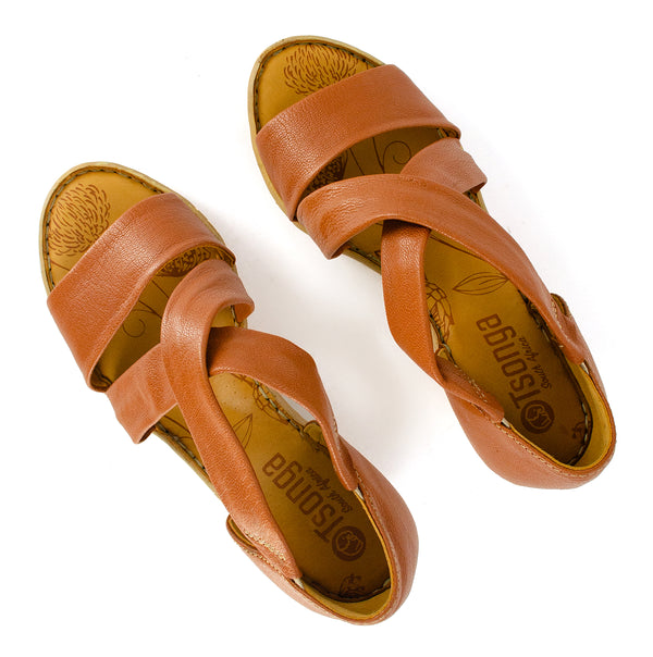 Lekuza : Ladies High-Heeled Leather Sandal in Oak Cayak