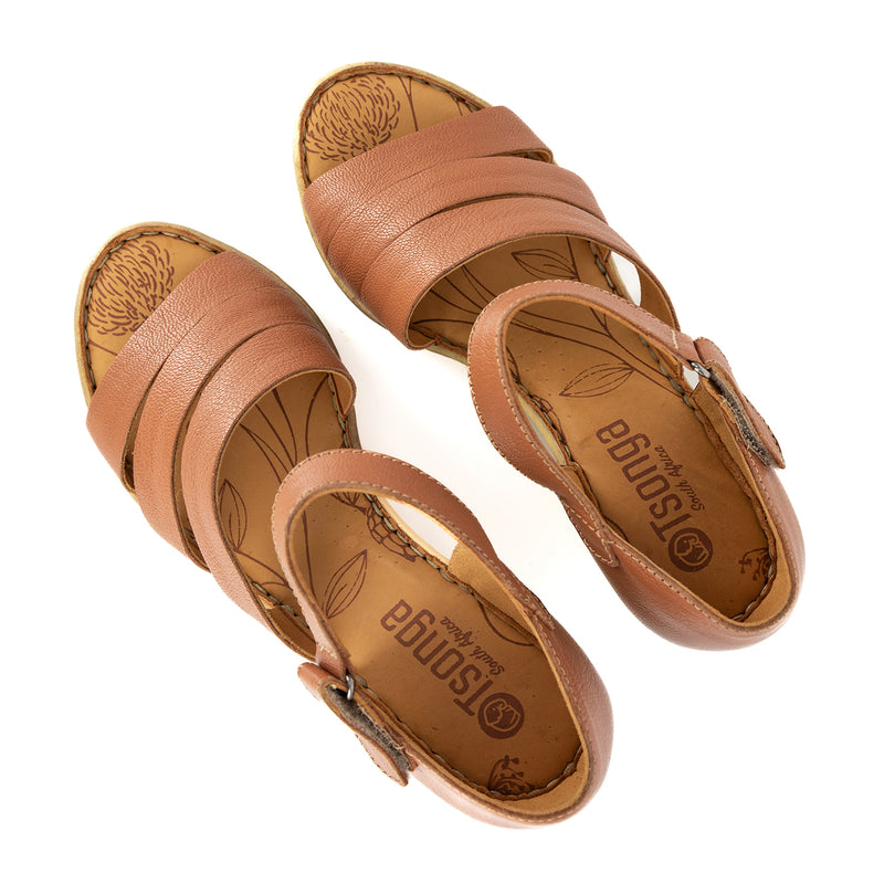 Nontle : Ladies Leather High-Heel Wedge Sandal in Oak Cayak