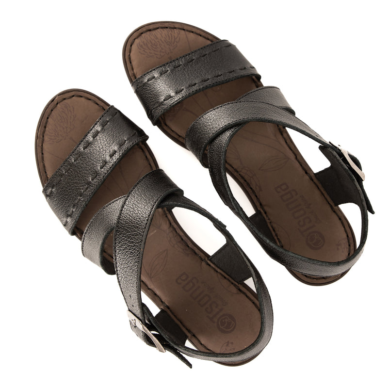 Nombeke : Ladies Leather Mid-Heel Sandal in Black Cayak