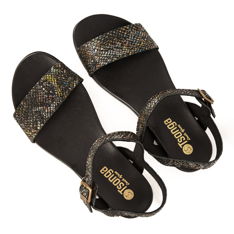 Ntweza : Ladies Leather Sandal in Black Batik