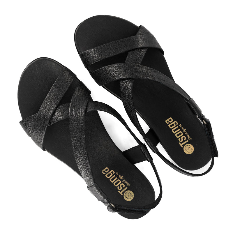 Sadani : Ladies Leather Sandal in Black Cayak