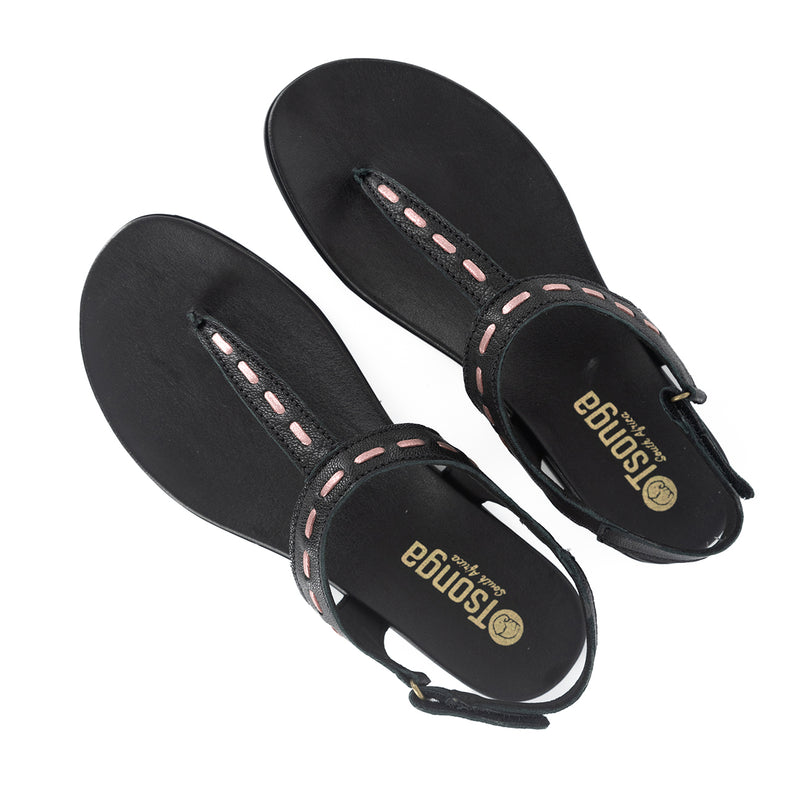 Shamwari : Ladies Leather Sandal in Black Cayak