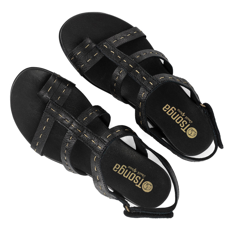 Kalahari : Ladies Leather Sandal in Black Cayak