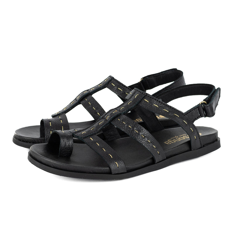 Kalahari : Ladies Leather Sandal in Black Cayak