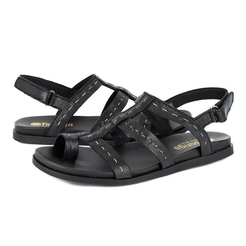 Kalahari : Ladies Leather Sandal in Black Cayak