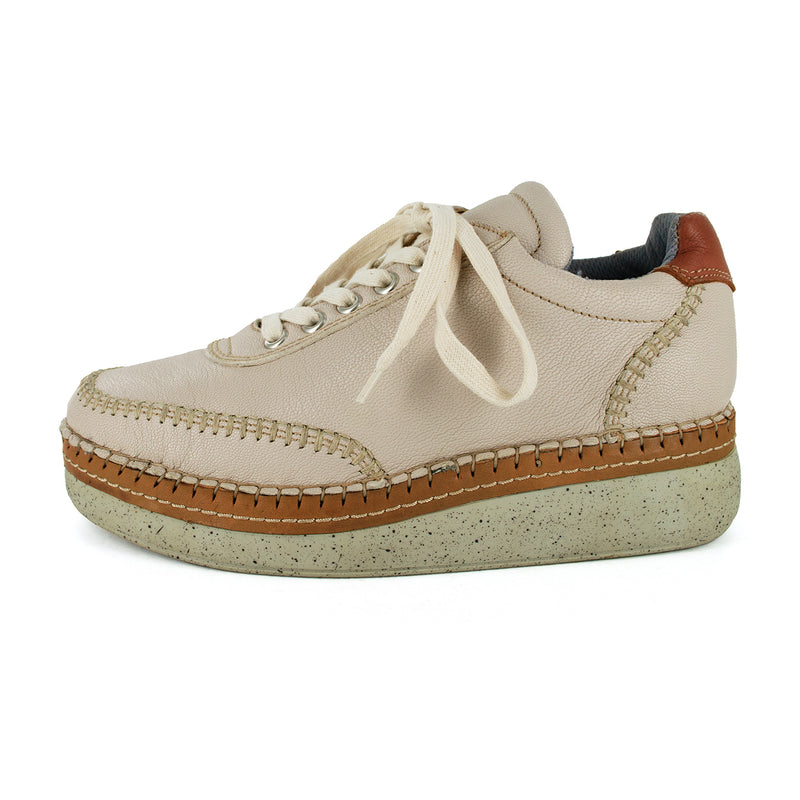 Accra : Ladies Leather Platform Sneaker in Cream Cayak