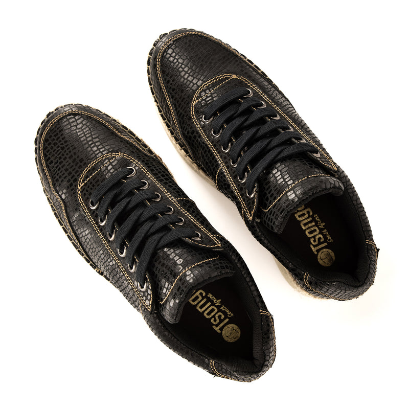 Vuyani : Ladies Leather Platform Espadrille Sneaker in Black Coco Lux