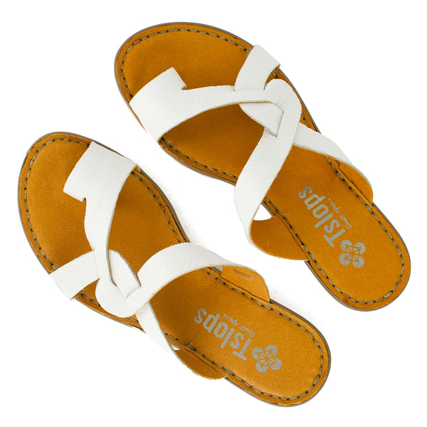 Kulumbe : Ladies Leather Tslops Sandal in White Cayak