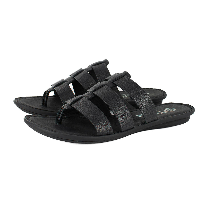 Maroua : Ladies Leather Tslops Sandal in Black Cayak