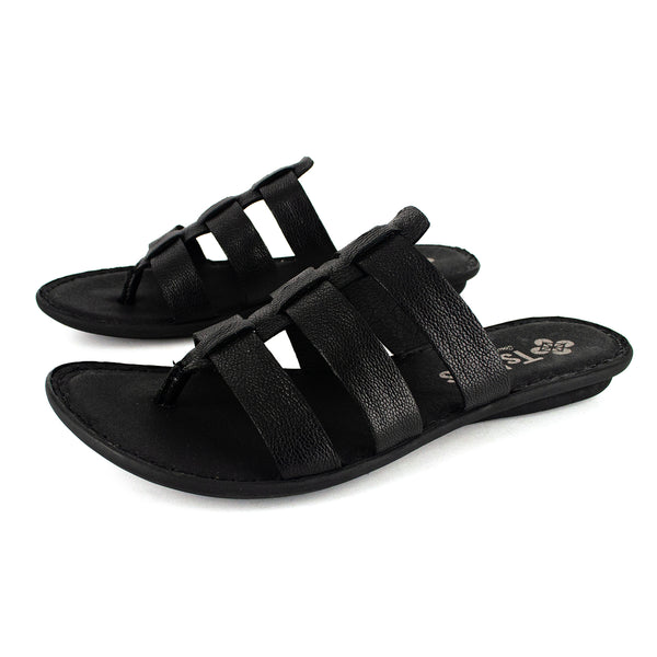 Maroua : Ladies Leather Tslops Sandal in Black Cayak