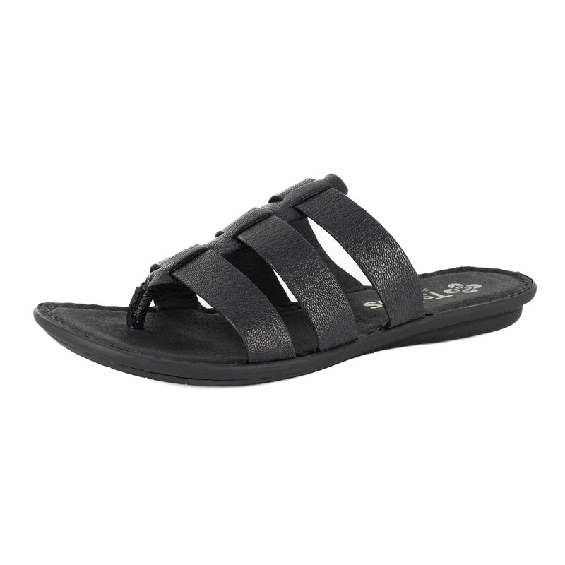 Maroua : Ladies Leather Tslops Sandal in Black Cayak