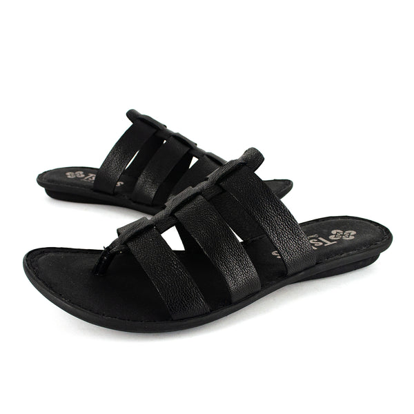 Maroua : Ladies Leather Tslops Sandal in Black Cayak